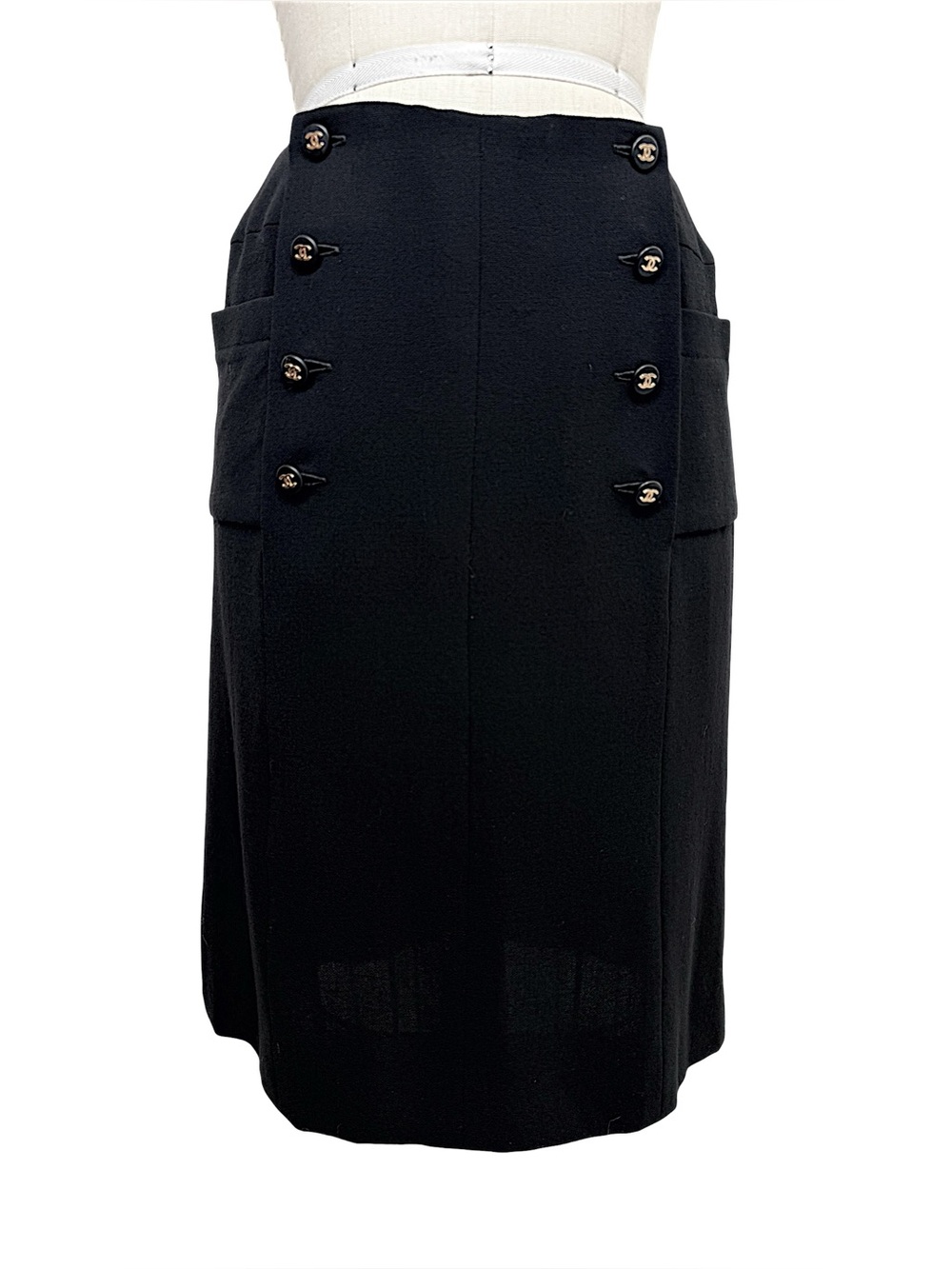 Chanel 1997 Vintage Black Gold CC Button Midi Skirt